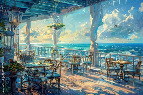 a painting of a restaurant overlooking the ocean #786927717