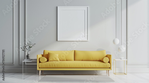 A touch of sunshine yellow brightens up this minimalist living room  featuring a mustard-colored sofa and a clean white frame hanging on the wall.