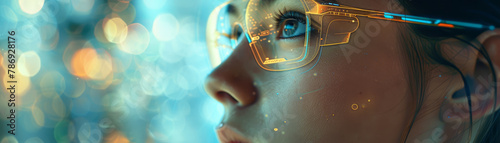 A young woman looks forward, her vision augmented by innovative, high-tech glasses against a bokeh light background.. photo