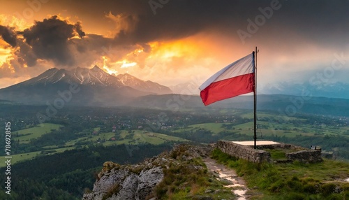 The Flag of Poland Among the Lake. photo