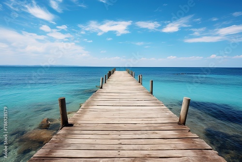 Wooden pier over the clean blue sea or ocean on sunny summer day
