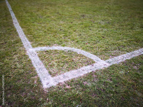 Lawn soccer pitch showing the chalk mark for a corner. Soccer field in spring.