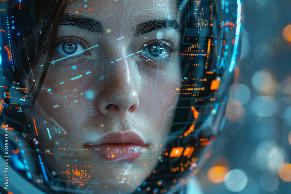A young woman looks forward, her vision augmented by innovative, high-tech glasses against a bokeh light background.. A young woman looks forward, her vision augmented by innovative, high-tech glasses against a bokeh light background..