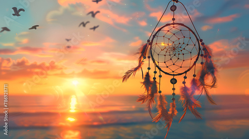 Dreamcatcher at Sunset,   dream catchers hanging on beach at sunset, ocean on background, Dream catcher with feathers threads and beads rope hanging at sunset with flying birds photo