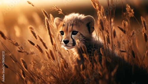 A close shot of a cheetah cub curiously exploring tall grasses, with its small head peering out and spots blending with the shadows of the plants. photo
