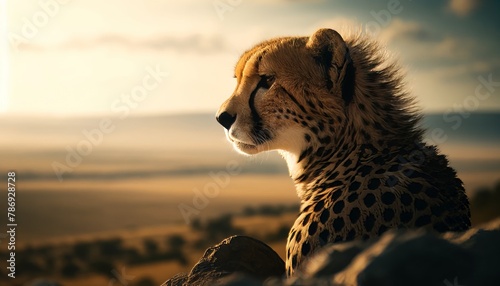 A profile shot of a cheetah intently watching over the savannah from a high vantage point on a rocky outcrop, with a slight breeze ruffling its fur. photo