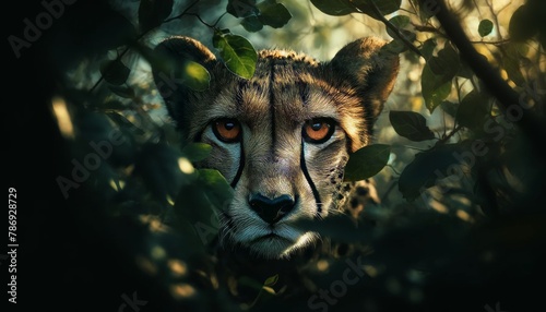 The intense gaze of a cheetah camouflaged among dense foliage, with only its eyes and the outline of its ears visible as it stalks its prey.