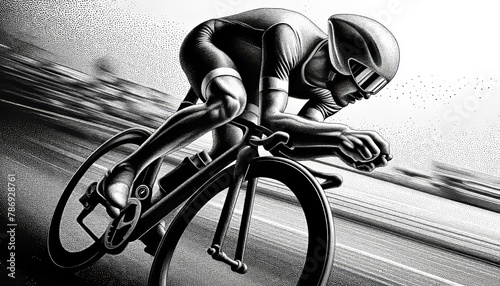 A detailed image of a cyclist in a race, bent over the handlebars, with the sense of speed conveyed through the density of the dots. photo