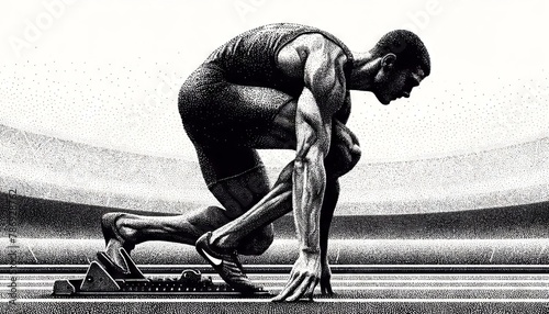 A pointillism style depiction of a sprinter at the starting blocks, poised and ready to launch forward at the sound of the gun. photo