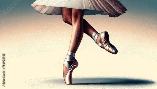 A close-up view of a dancer's feet in mid-twirl, captured in a pointillism style.