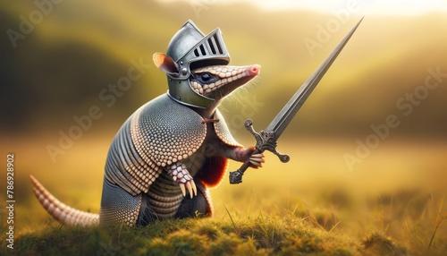 An armadillo dressed as a knight, wearing a tiny metal helmet on its head and holding a miniature sword in its claw.