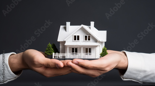 Mortgage concept. Small toy house in business man hand buy or sell real estate Financial agent complete Home sales and home insurance concept,