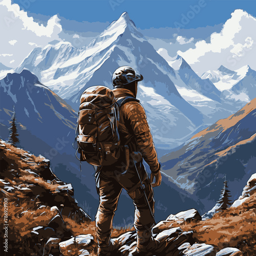 Detailed illustration seen close up from behind a backpack, of a mountain climber