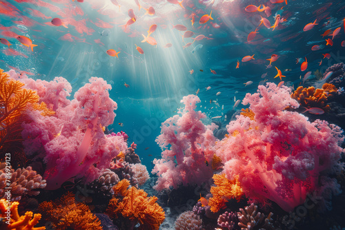 A bustling underwater coral reef ecosystem teeming with colorful tropical fish  showcasing the biodiversity of marine life..