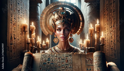 A portrait of a high priestess with an elaborate headpiece, with papyrus scrolls and ancient hieroglyphs in the foreground.