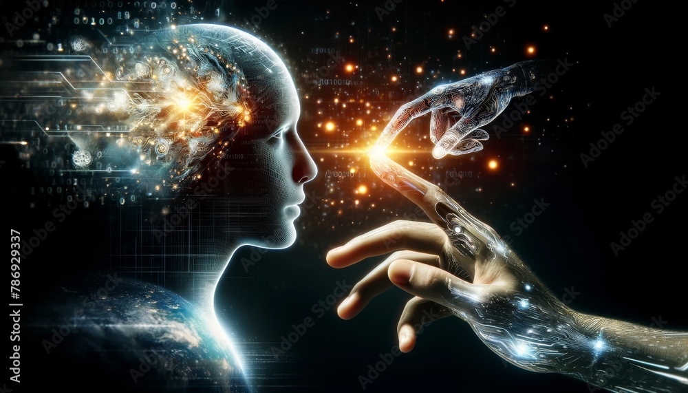 An AI hand reaching towards a human hand, with a digital interface sparking between them, signifying the future of human-AI collaboration. An AI hand reaching towards a human hand, with a digital interface sparking between them, signifying the future of human-AI collaboration.