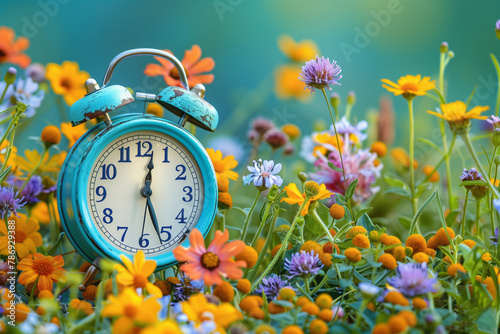 A blue clock surrounded by colorful flowers in a natural landscape