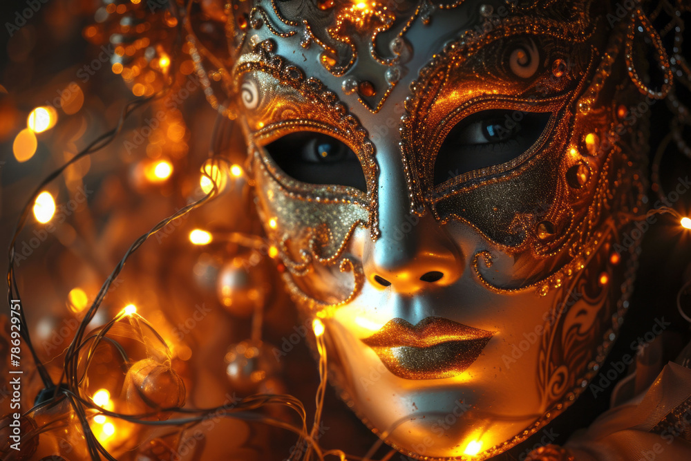 A detailed carnival mask with intricate metallic elements, encircled by shimmering bead strands and lit up by the warm glow of party lights.
