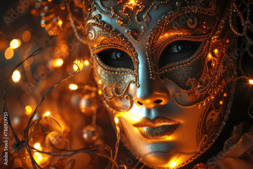 A detailed carnival mask with intricate metallic elements, encircled by shimmering bead strands and lit up by the warm glow of party lights. © mihrzn