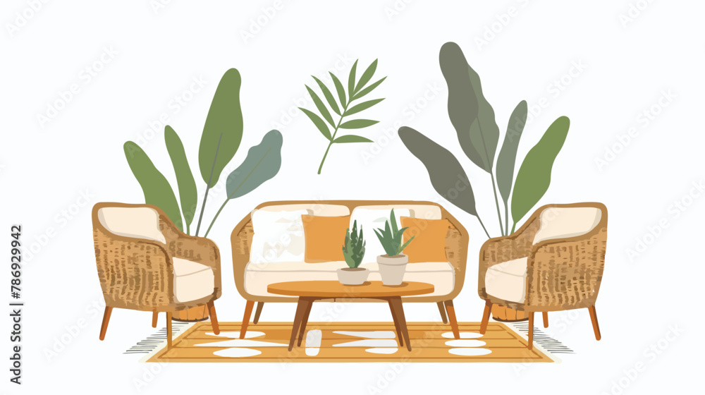 Cozy living room with wicker furniture and indoor pla - obrazy, fototapety, plakaty 