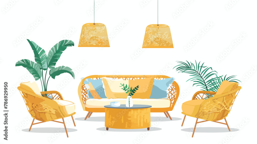 Cozy living room with wicker furniture and indoor pla - obrazy, fototapety, plakaty 