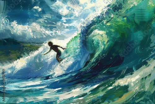 a painting of a surfer riding a large wave