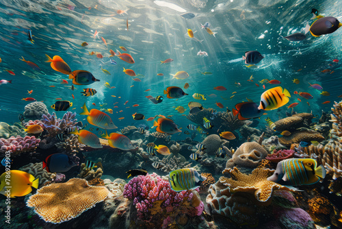 A bustling underwater coral reef ecosystem teeming with colorful tropical fish, showcasing the biodiversity of marine life..