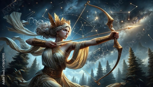 An image capturing Artemis in a dynamic pose as she reaches for an arrow from her golden quiver, with the constellation of Orion subtly included in th. photo