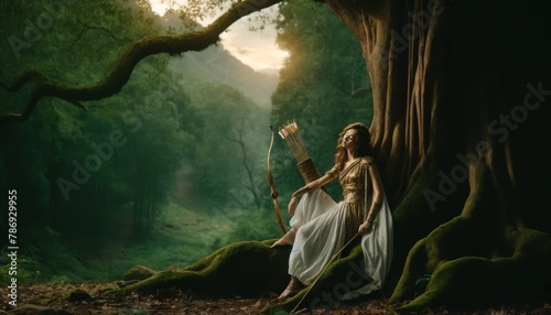 An image showing Artemis in a relaxed posture, leaning against an ancient tree, with a golden quiver of arrows over her shoulder.