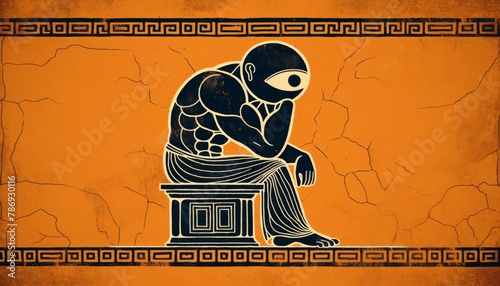 A detailed image of a titan cyclops in the style of ancient Greek art, shown sitting alone in confinement. photo