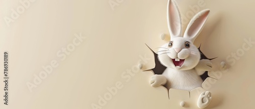 A 3D rendering of an Easter bunny peeking out of a hole on a cream colored background.