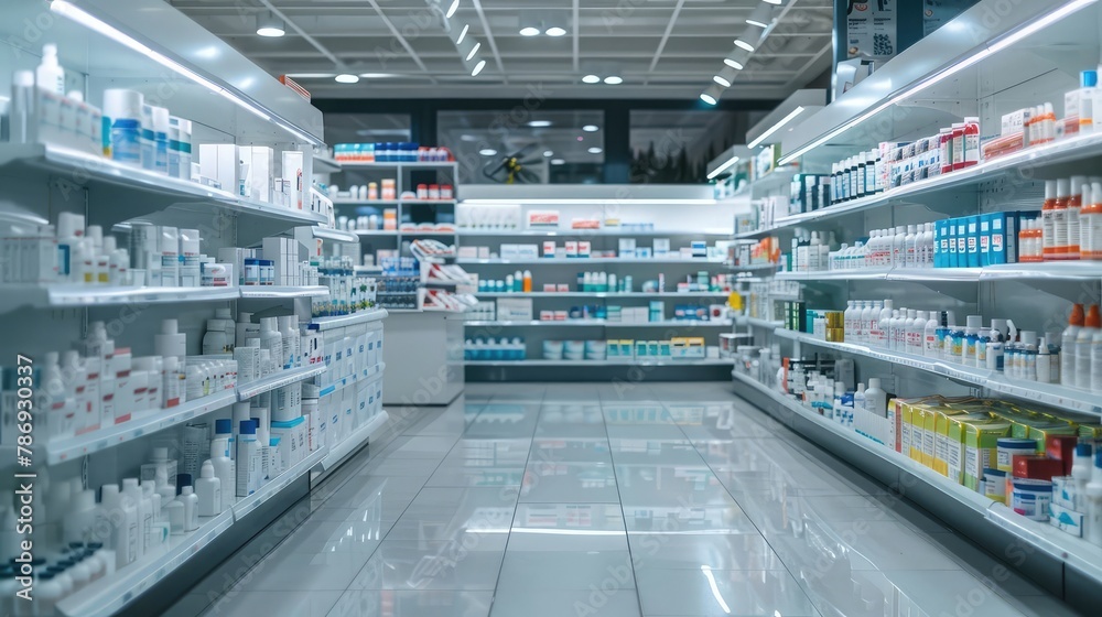 Checkout counters against shelves with medicines at pharmacy