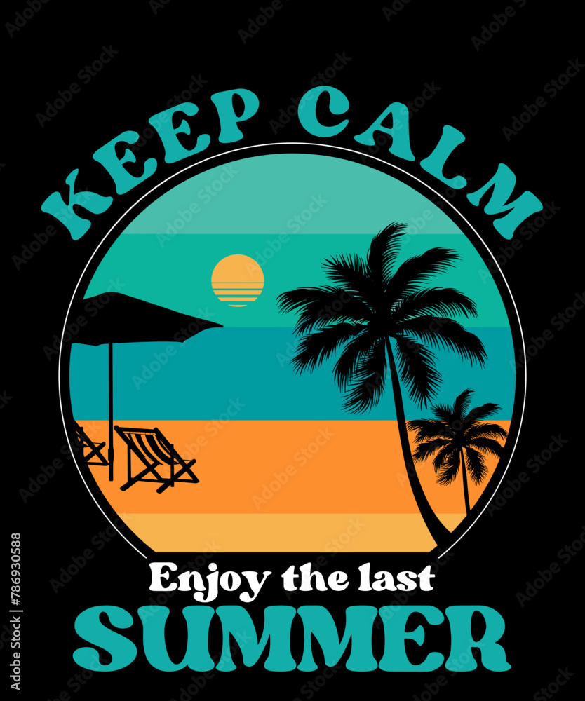 Keep kalm enjoy summer t-shirt design template, Summer vibes t-shirt design, summer clothing design colorful tee with palm trees. T-shirt print, typography, clothing, summer design 