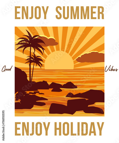 Enjoy summer good vibes enjoy holiday, summer typography t-shirt design and vector template. Surfing t-shirt design