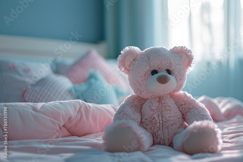 A cute light pink teddy bear sitting on bed beautiful view