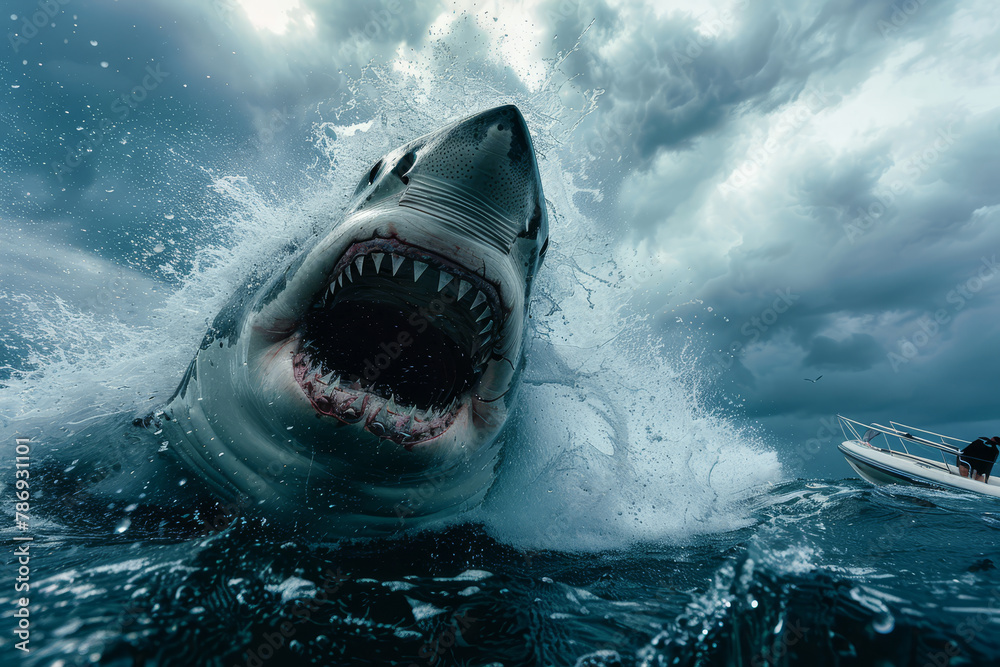 Fototapeta premium Monochrome Great White Shark Approaching Boat.