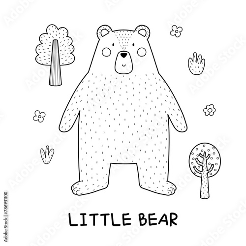 Little Bear black and white print with a cute forest character. Funny grizzly bear card for kids in cartoon style. Woodland animal background in outline. Vector illustration