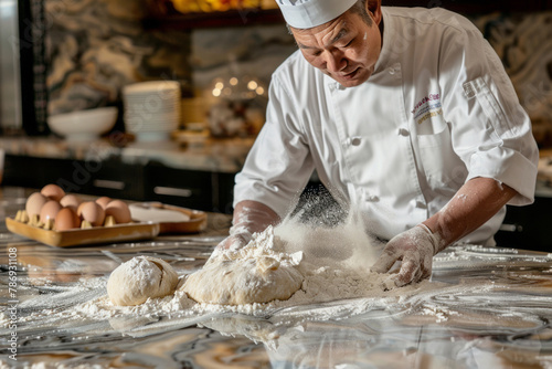 An chef adeptly kneading dough on a immaculate marble countertop, surrounded by carefully arranged baking ingredients and culinary tools. photo