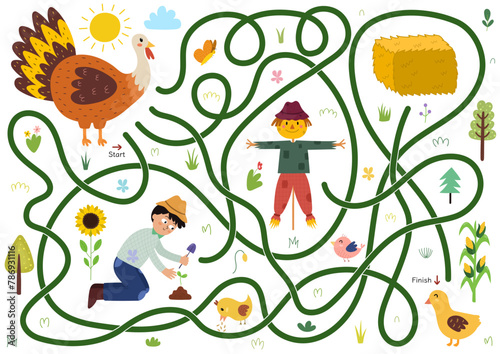 Help mother turkey to find a way to her baby poult. Farm maze activity for kids. Mini game for school and preschool. Vector illustration