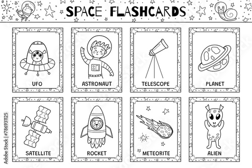 Space flashcards black and white collection with cute planet characters. The Solar System flash cards for coloring in outline. Learn space vocabulary for school and preschool. Vector illustration