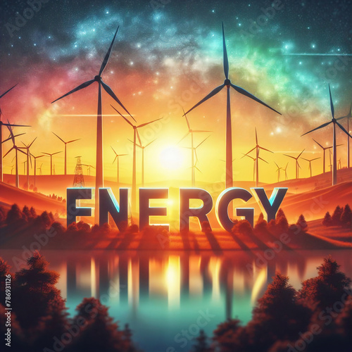 renewable energy with windmill turbine in landscape at sunset and text in 3d " ENERGY"