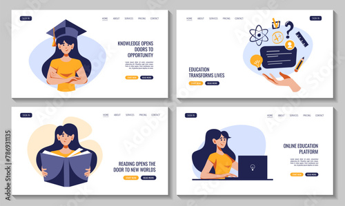 Set of web pages with women reading book, studying with laptop, staying with graduation cap. Vector illustration. Education, bookstore, knowledge, student concept.