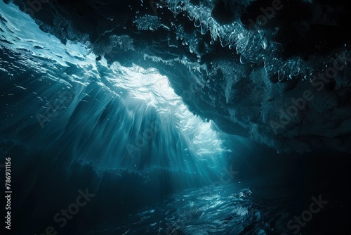 an underwater view of a cave in the ocean