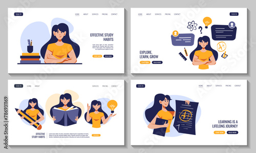 Women with huge pencil, book, educational icons. Flat style vector illustration for education, knowledge, studying, reading, creating concept. Set of web pages.