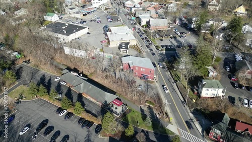 aerial view of downtown new paltz, new york (small college town in hudson valley) main street, state university, restaurants (mountains) photo