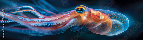 A squid glows with an iridescent sheen, its fins undulating in a mesmerizing dance against the stark contrast of the deep blue sea.. © bajita111122
