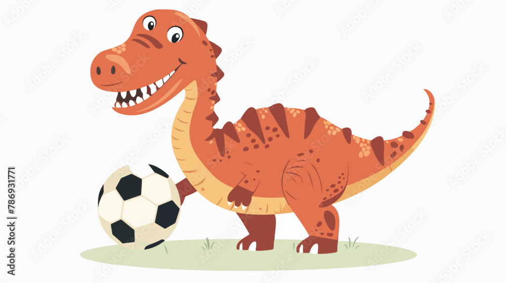 Cute and cartoon dinosaur with a soccer ball in its p