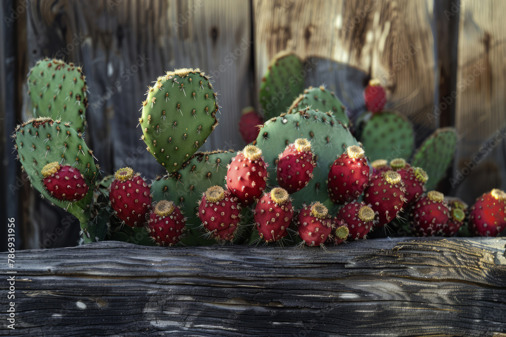 Close-up of Prickly Pear Cactus with Vibrant Red Fruits Against Rustic Wooden Fence