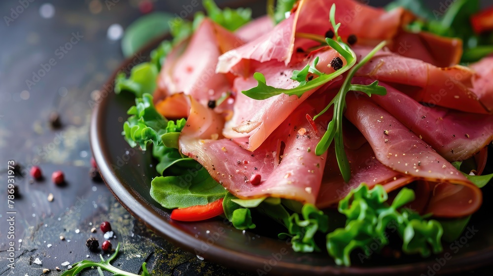 Thinly cut ham served on top of a bed of greens
