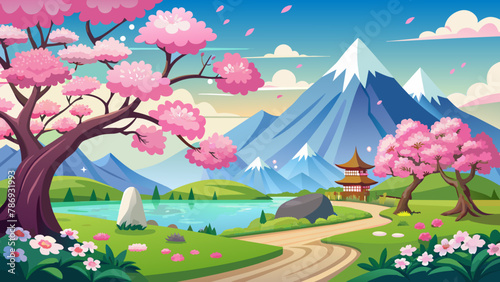  cherry-blossom-in-the-spring-season-landscape-vector background illustration 